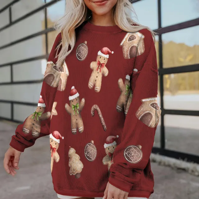Women's Fashion Print Loose Long Sleeve Sweater Red Gingerbread Man - Shop at LoveMi