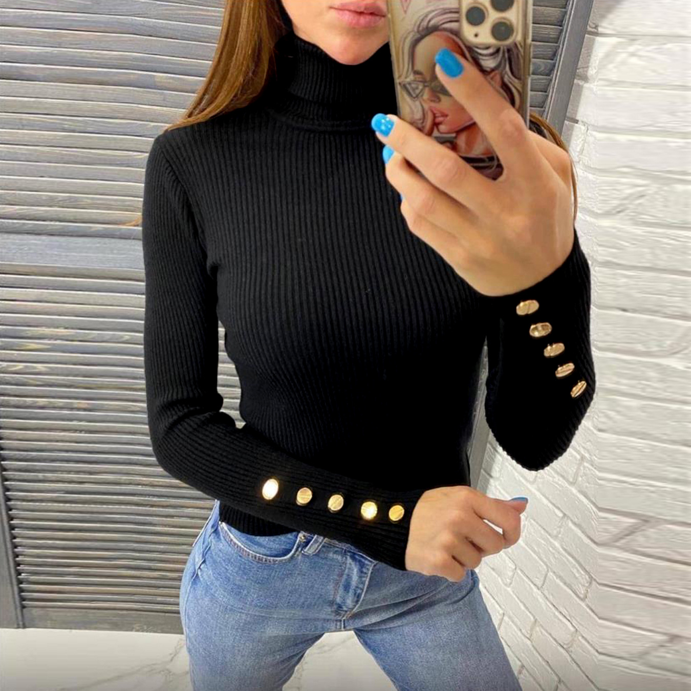 Metal Buckle Turtleneck Long Sleeve Pullover Knitted Sweater Black - Shop at LoveMi