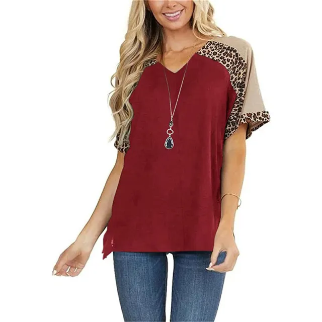 New Leopard Splicing Loose Casual Short Sleeve T shirt Top Women Wine - Shop at LoveMi