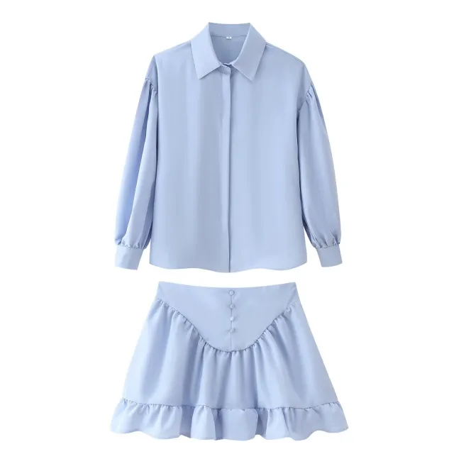 Women's Fashion Simple Lapel Shirt And Flared Skirt Set Blue - Shop at LoveMi