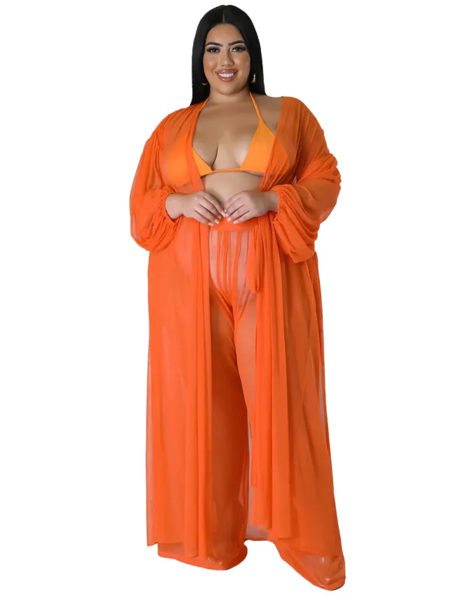 Women's Solid Color Batwing Sleeve Sexy Sheer Top And Pants Plus Size Two Piece Set Orange - Shop at LoveMi