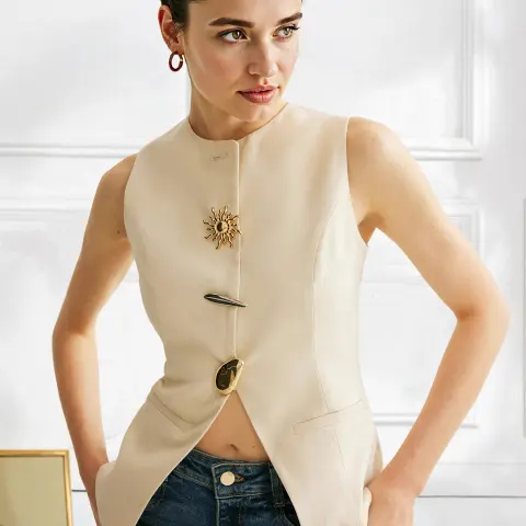 Womens -style Decorative Button Solid-color Sleeveless Jacket