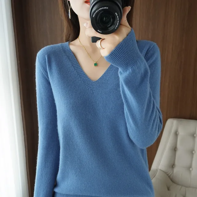 Women's Short Slim Fit Pullover Solid Color Sweater Denim Blue - Shop at LoveMi