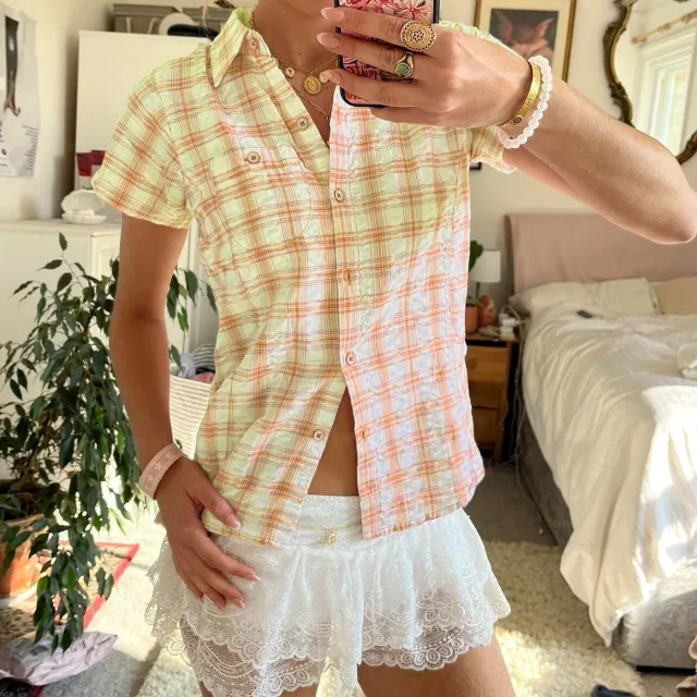 Women's Short sleeved Plaid Shirt Niche Loose All matching Yellow - Shop at LoveMi