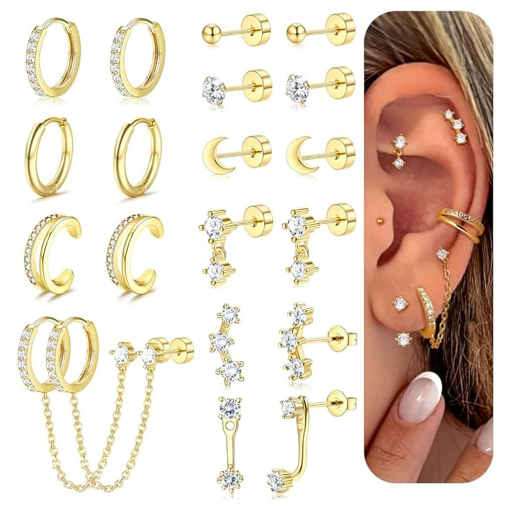 Real Gold-Plated Zircon Stud Earring Set