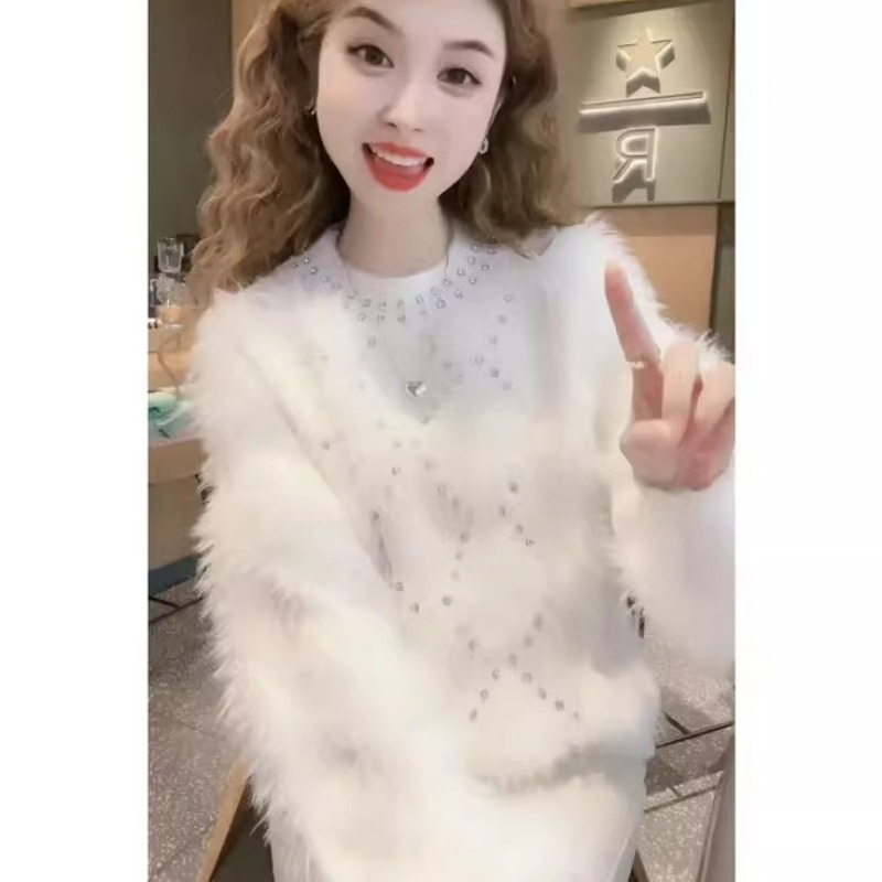 Soft Glutinous Chic Beautiful Sweater Women's Winter Furry Fashion Sense Rhombus Plaid White - Shop at LoveMi