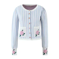 Women's Slim Fit Striped Flower Coat - Blue - View 1