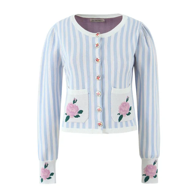 Women's Slim Fit Striped Flower Coat Blue - Shop at LoveMi
