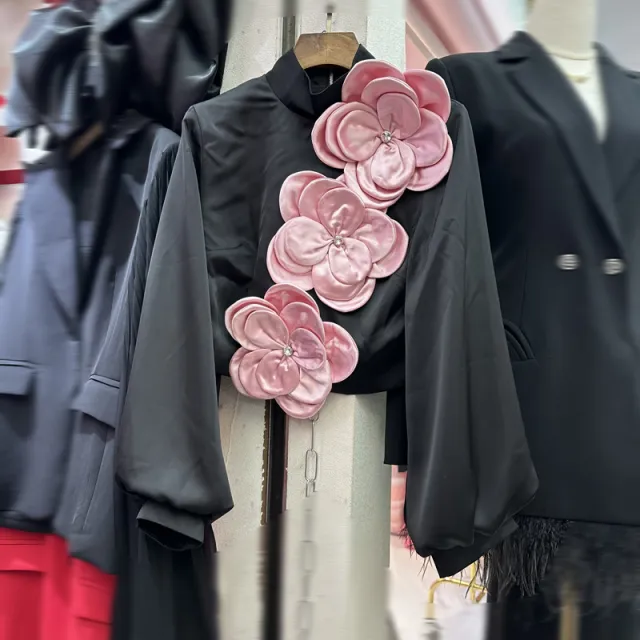Temperament Pure Color Padded Shoulder Waist Trimming Shirt With Flowers Black - Shop at LoveMi