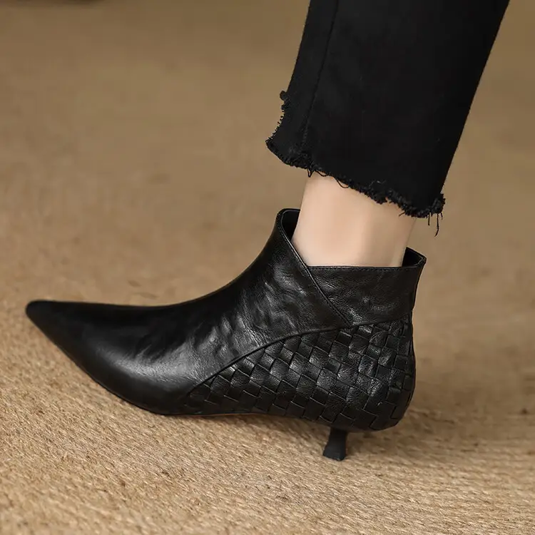 Woven Full-grain Sheepskin Ankle Boots With A Small Heel