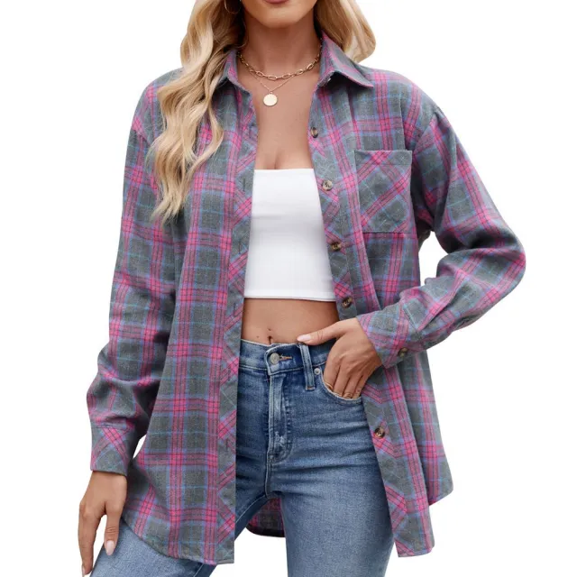 Women's Casual Fashion Loose Plaid Shirt Purplish Red And Gray - Shop at LoveMi