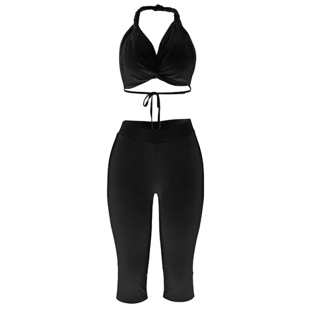 Halter Bikini Backless Lace up Cropped Pants Sexy Suit Black - Shop at LoveMi