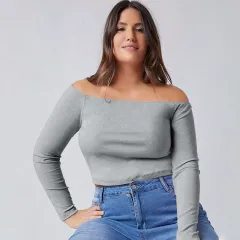 Simple Style Off-shoulder Slim-fit Long-sleeve Top For Autumn And Winter - Grey - View 1
