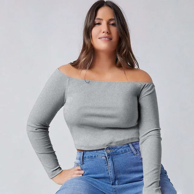 Simple Style Off shoulder Slim fit Long sleeve Top For Autumn And Winter Gray - Shop at LoveMi