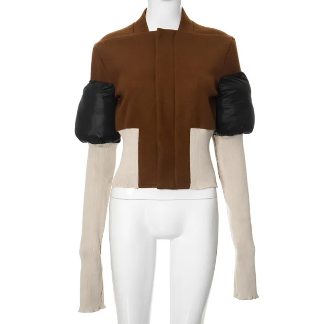 Autumn And Winter New Contrast Color Stand up Collar Zipper Cardigan Outerwear Brown - Shop at LoveMi