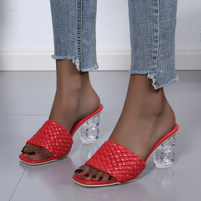 Woven-Strap High-Heel Slippers