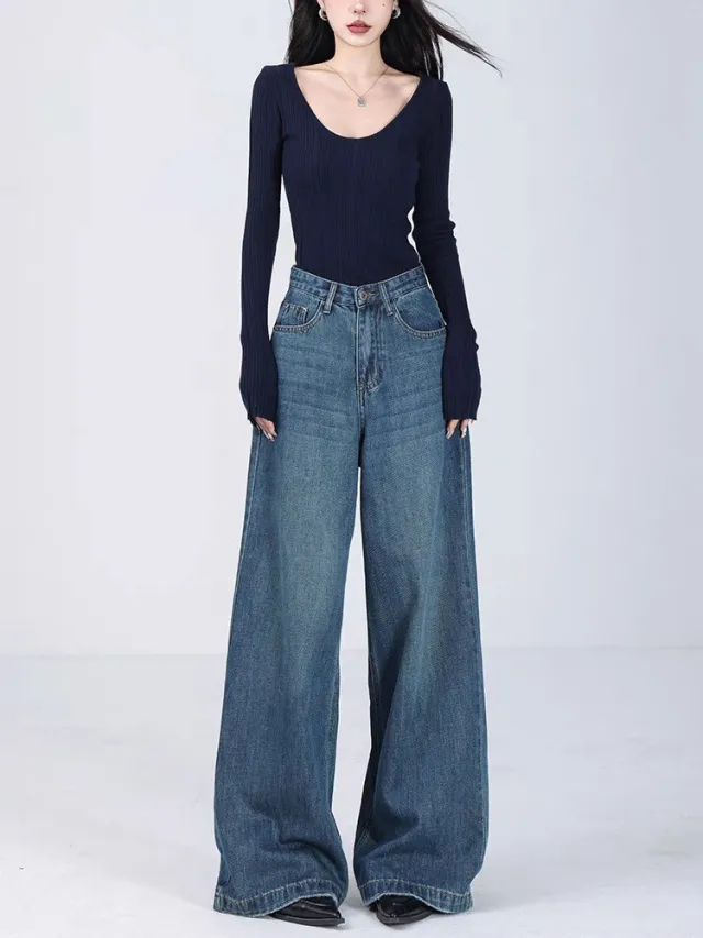 Women's Loose Jeans Straight Mopping Pants Blue - Shop at LoveMi