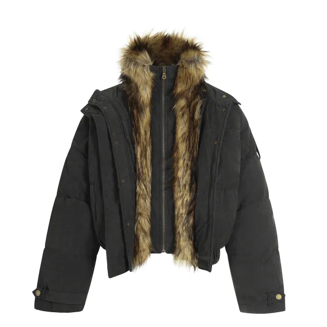 Men's Zhu Shan Diao PU Leather Jacket Puffer Jacket Fur collar Coat Faux Two piece Cotton Gray - Shop at LoveMi