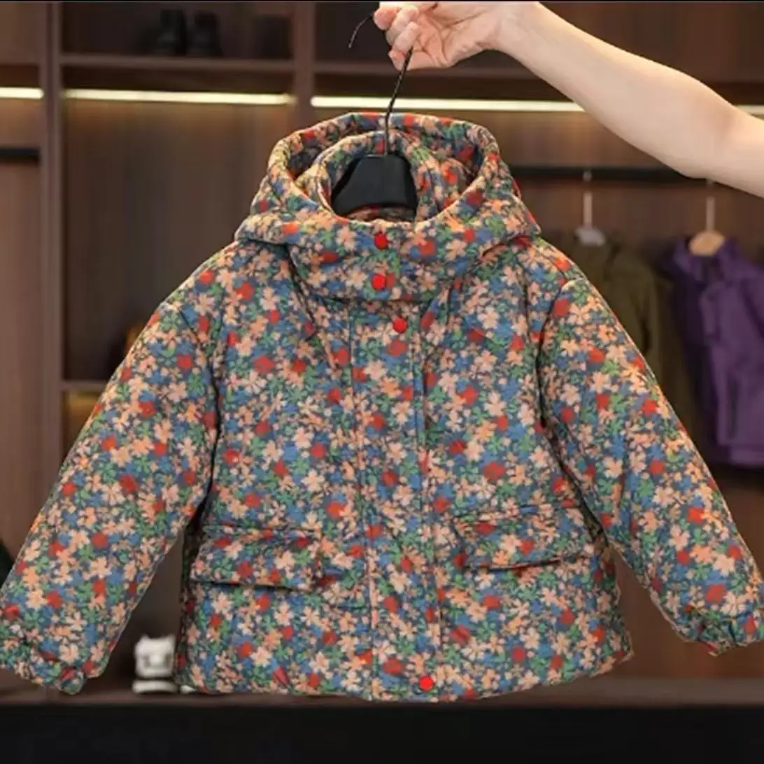 Childrens Fashionable Padded Warm Floral Hooded Coat