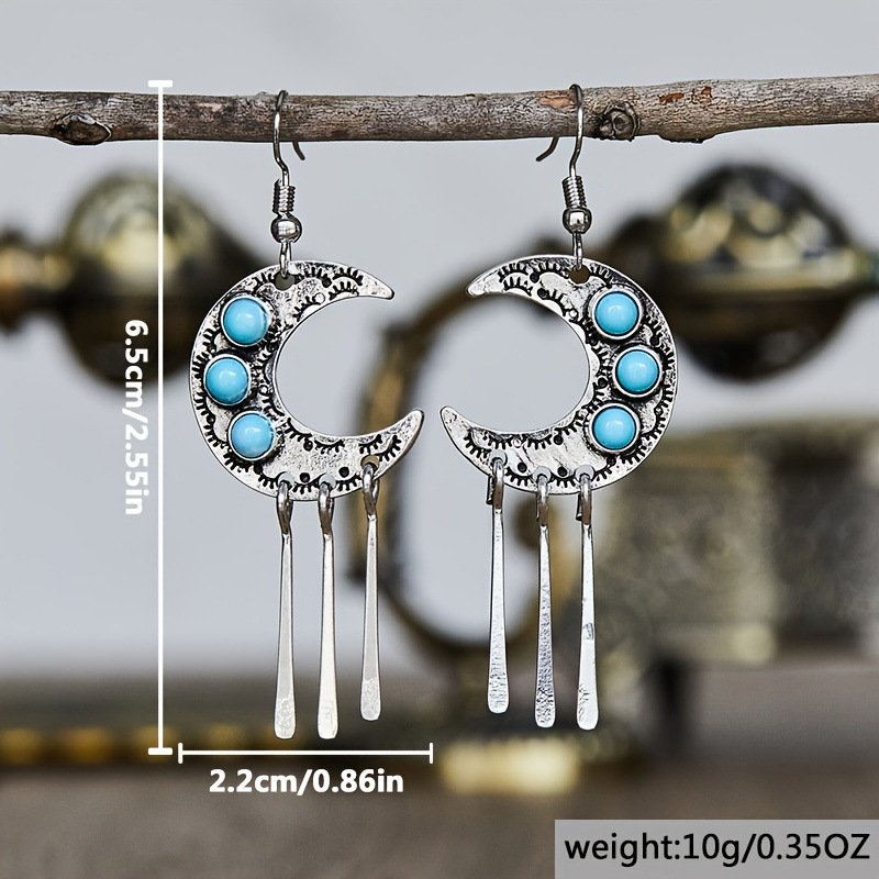 Vintage Moon Turquoise Tassel Pendant Earrings Ethnic Style