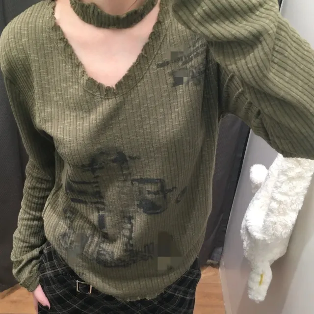 Retro Spicy Girl Cross Printed Loose Sweater For Women Green - Shop at LoveMi
