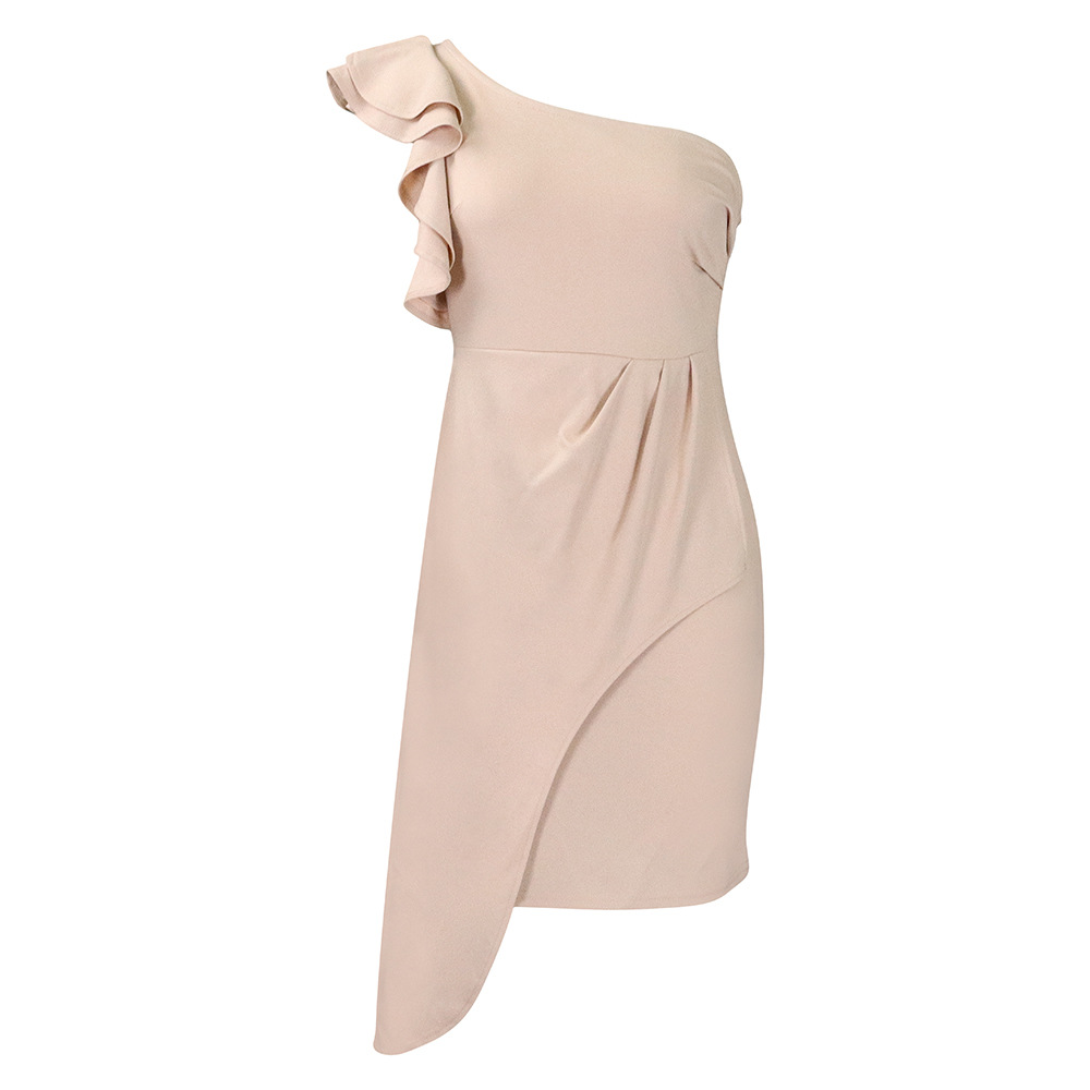 Fashion Diagonal Collar Ruffled Hip-wrapped Temperament Ol Dress