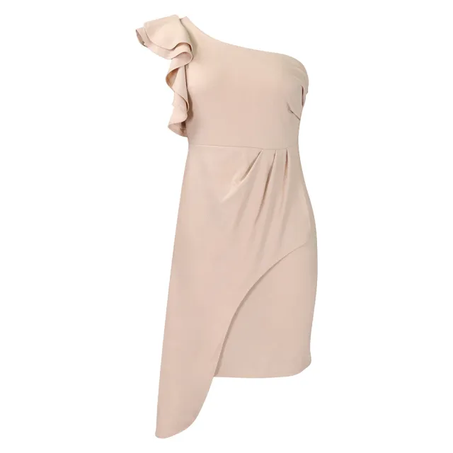 Fashion Diagonal Collar Ruffled Hip wrapped Temperament Ol Dress Khaki - Shop at LoveMi