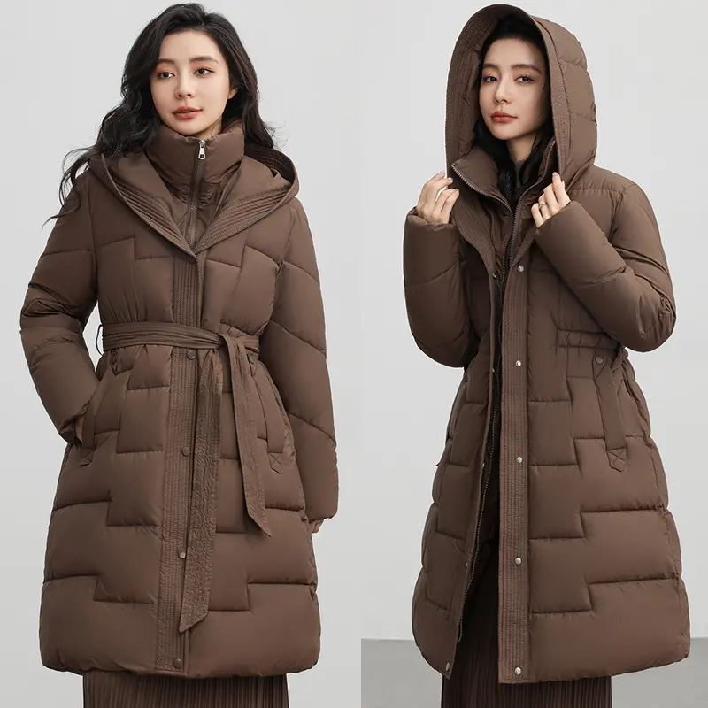 Women's Winter New Waist Trimming Fashion Mid-length Hooded Below-the-knee