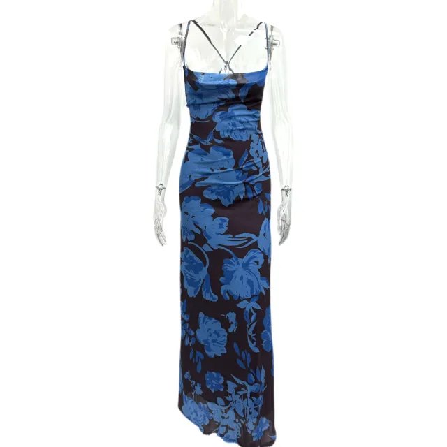 New Stylish Sleeveless Slip Dress With A Chic Print Blue - Shop at LoveMi