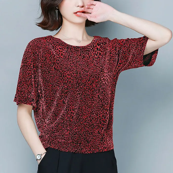 Plus Size Loose-fitting Belly-covering Bright Silk Bottoming Leopard Print Shirt - Red