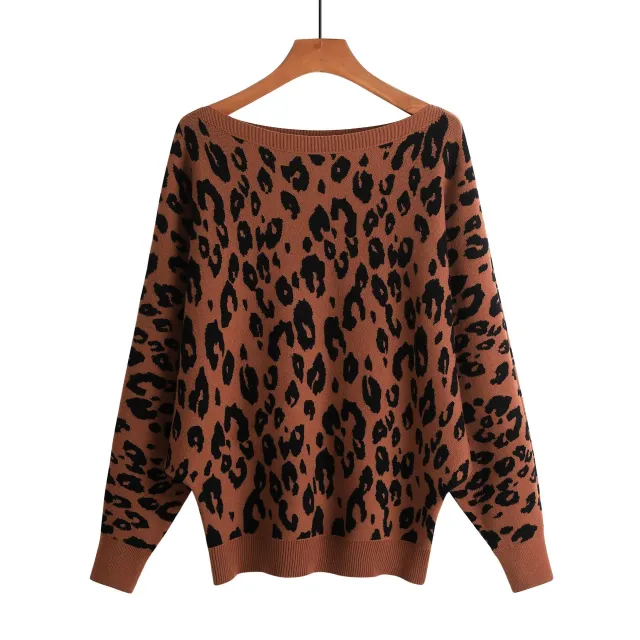 Off the shoulder Collar Loose fitting Batwing Sleeve Shirt Jacquard Heavy Industry Leopard Print Sweater Leopard - Shop at LoveMi