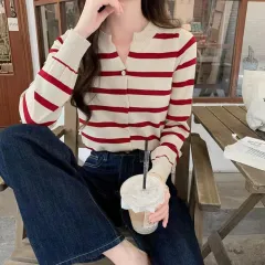 Striped Soft Glutinous Knitted Design Sense Sweet Short Sweater Cardigan Coat - Red Stripe - View 1