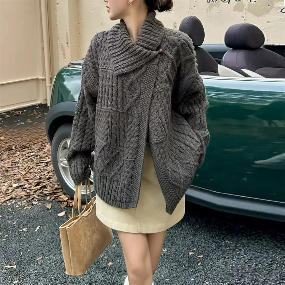 Notch-neck Cable-knit Sweater Coat