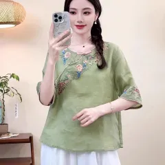 Women's Embroidered Button Cotton-Linen Short-Sleeve ShirtThree-Quarter Sleeve Top - Green - View 1