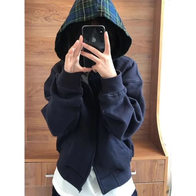 American Retro Plaid Hat Sweater Women's Spring And Autumn Korean Style Idle Style Navy Blue Thin - Shop at LoveMi