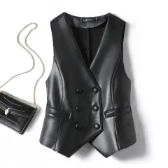 Leather Coat Western Style Double Breasted Vest Short Slim Fit Slimming - Black - View 1