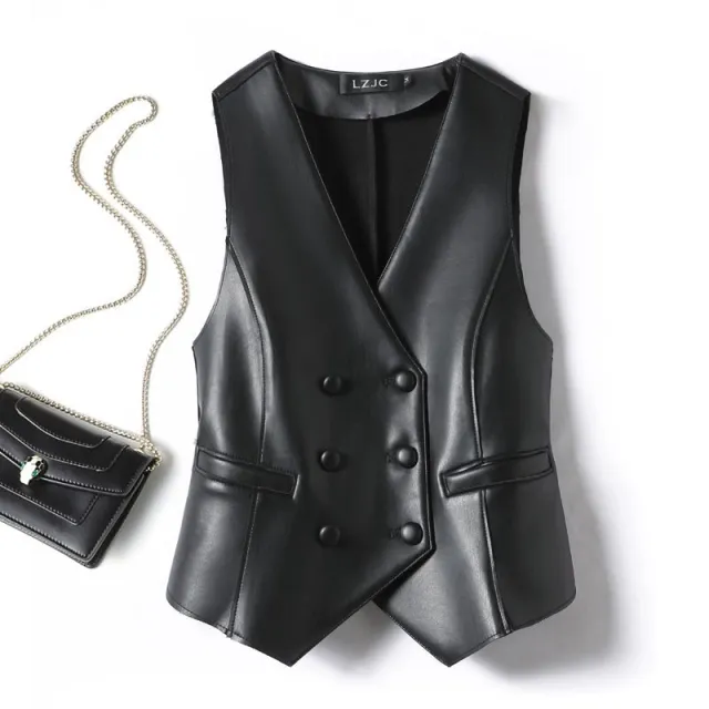 Leather Coat Western Style Double Breasted Vest Short Slim Fit Slimming Black - Shop at LoveMi