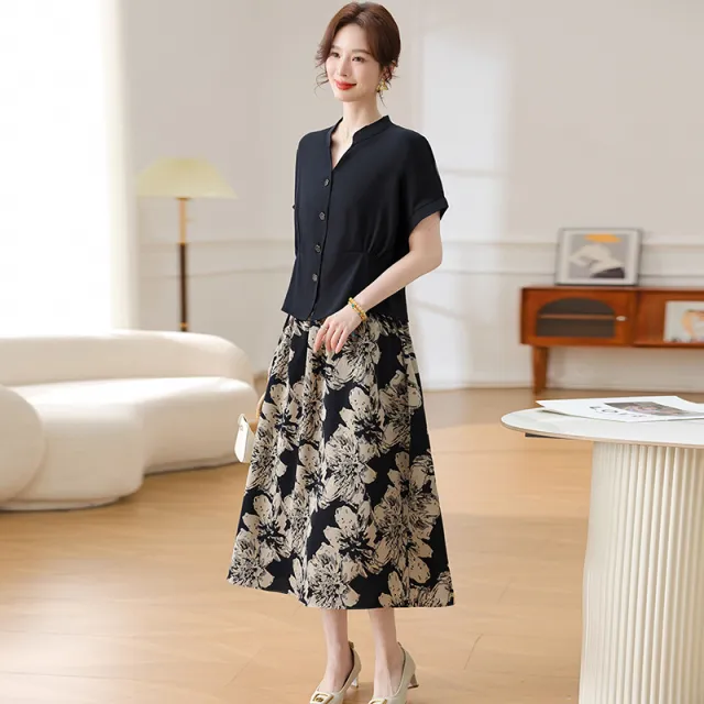 Short Sleeve Shirt Skirt Two piece Set Black - Shop at LoveMi