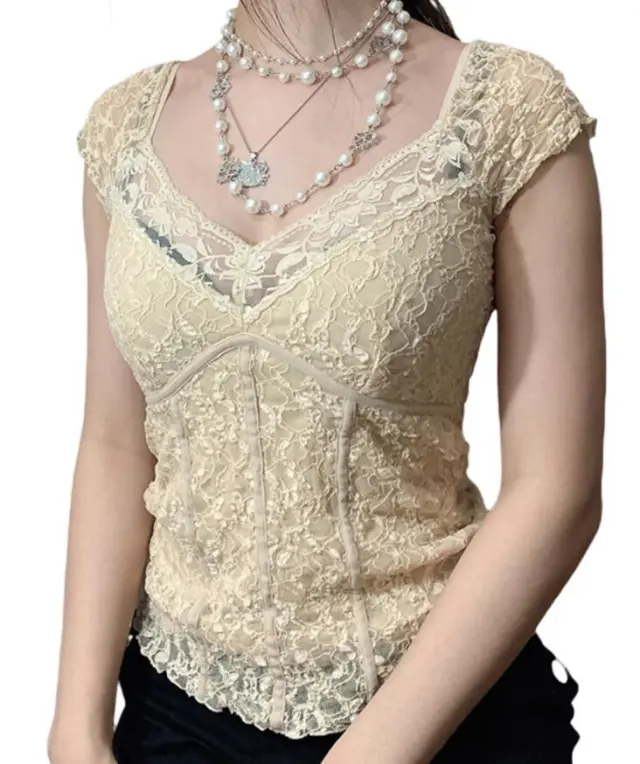 Solid Color Slim Lace Double V neck Vest Skin Color M - Shop at LoveMi