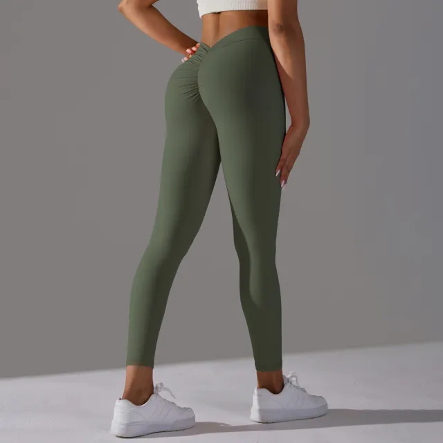 Brushed V Waist Pleated Solid Color Yoga Pants 6626 Trousers Army Green - Shop at LoveMi