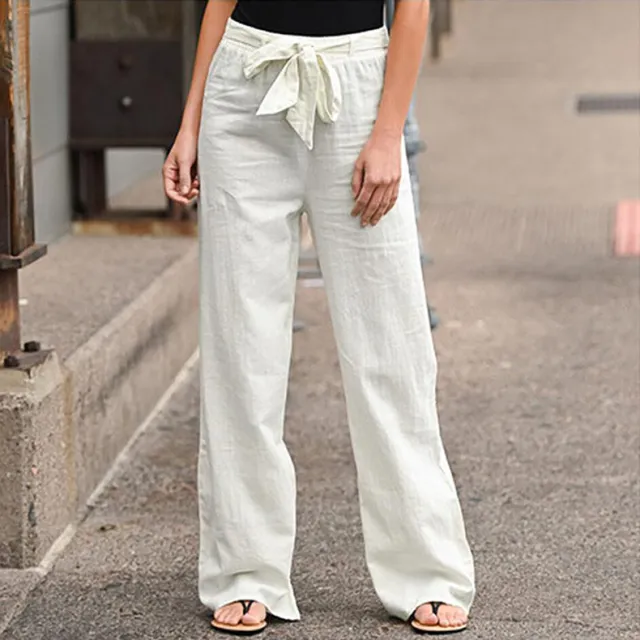 European And American Cotton And Linen Casual Wide leg Pure Color Elastic Waist Lace up Loose Women's Trousers White - Shop at LoveMi