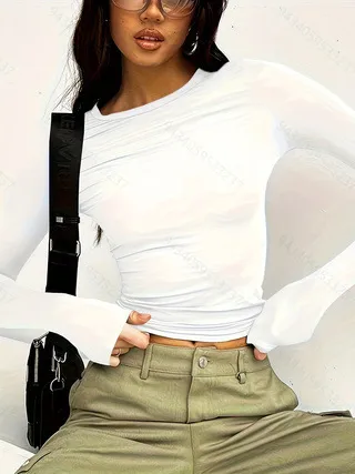 Women's Round Neck Long Sleeve T shirt Top White - Shop at LoveMi
