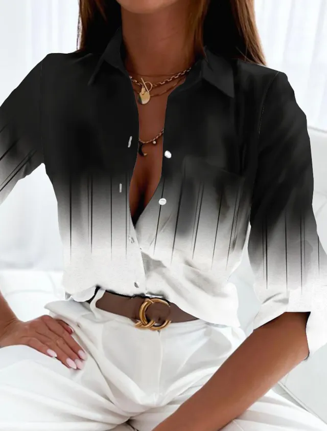 Women's Long Sleeve Casual Gradient Color Button Printed Shirt 3V5Yy4U M - Shop at LoveMi