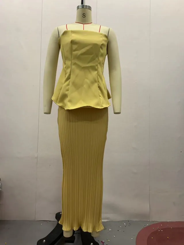 Women's Tube Top High Waist Hip Skirt Two piece Set Lemon Yellow - Shop at LoveMi