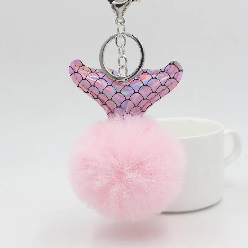 Fish Tail Fur Ball Keychain Creative - Light Pink