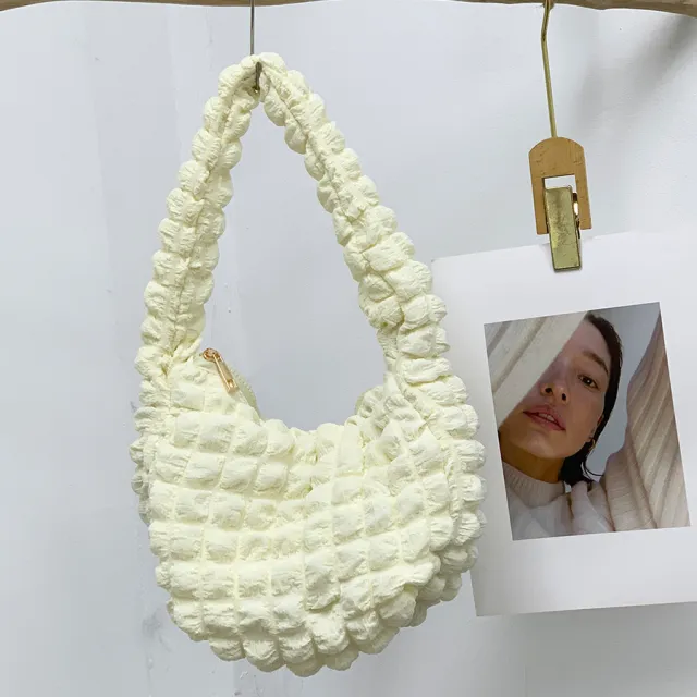 Women's Fashion Casual Solid Color Pleated Clouds Underarm Bag Beige - Shop at LoveMi