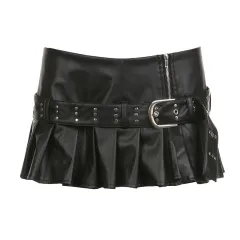 Punk Rivet Belt Split Leather Skirt Low Waist A- Line Style Pleated Skirt - Black - View 1