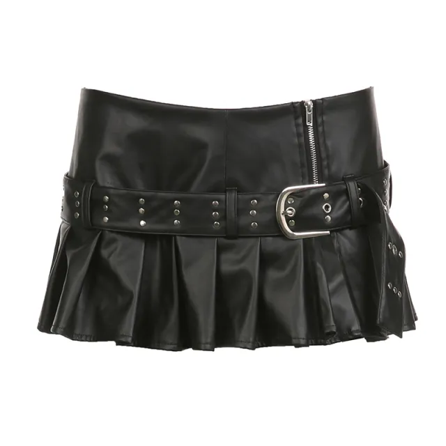 Punk Rivet Belt Split Leather Skirt Low Waist A Line Style Pleated Skirt Black - Shop at LoveMi