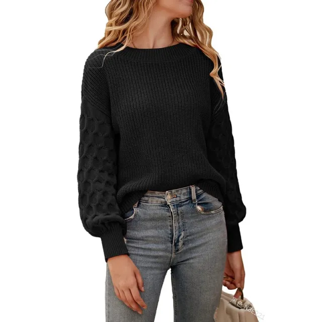 Women's Fashion Lantern Sleeve Knitted Solid Color Top Black - Shop at LoveMi