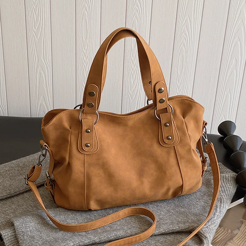 Large Capacity Tote Crossbody Frosted Shoulder Underarm Bag - Brown